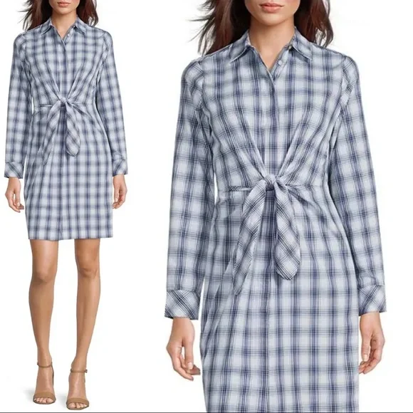NWT Calvin Klein Tie Waist Plaid Collar Long Cuff Sleeve Button Front Dress - Picture 2 of 3